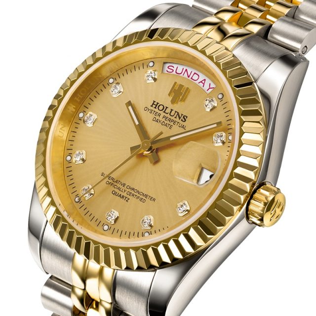 Holuns Men Watches 2019 Luxury Top Brand Gold Diamond Role Quartz Stainless Steel Calendar Relogio Masculino Wrist Watch Clock