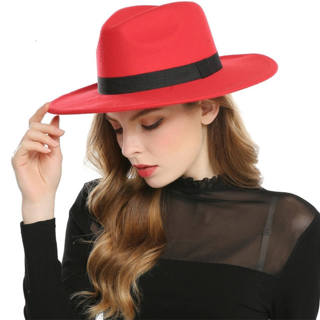 Black & Red Fedora Hat For Women.  Imitation Wool, Panama Felt Hat