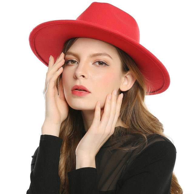 Black & Red Fedora Hat For Women.  Imitation Wool, Panama Felt Hat