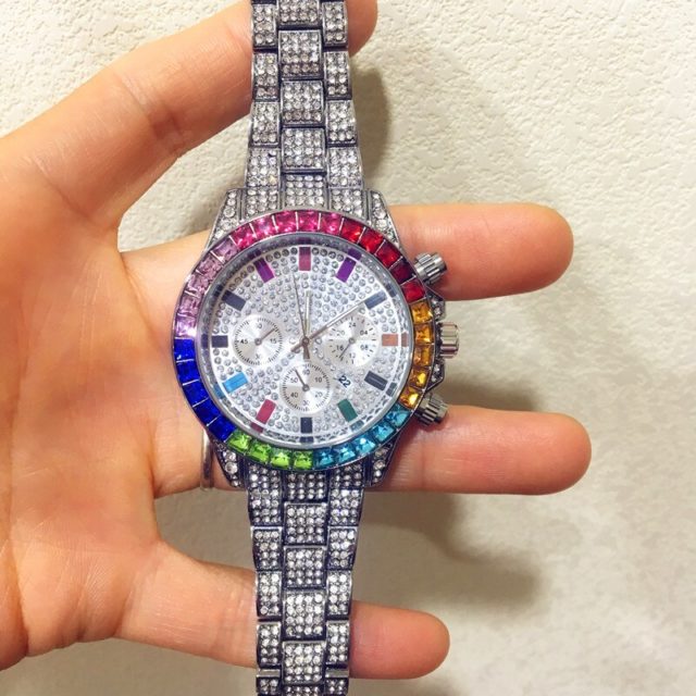 Luxury Men's Iced Out Watch.  Colorful Diamond & Steel