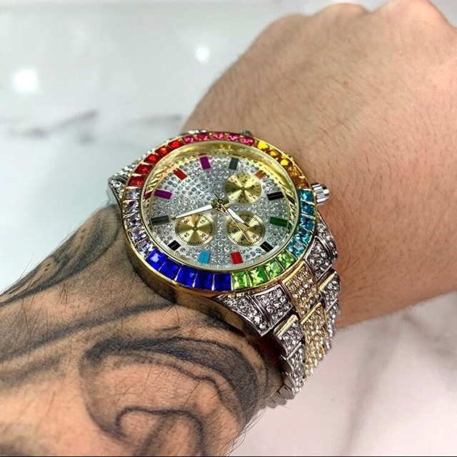 Luxury Men's Iced Out Watch.  Colorful Diamond & Steel