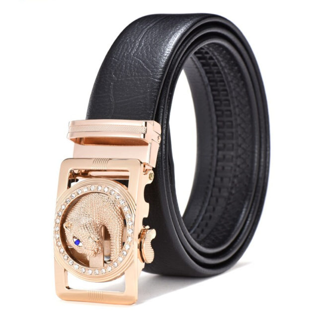 Men's Luxury Leather Belt.  Leopard Or Wolf Buckle