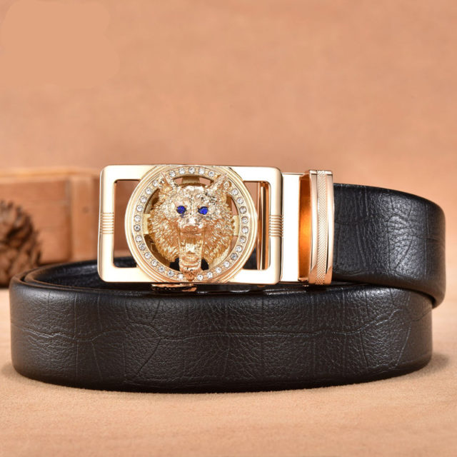 Men's Luxury Leather Belt.  Leopard Or Wolf Buckle
