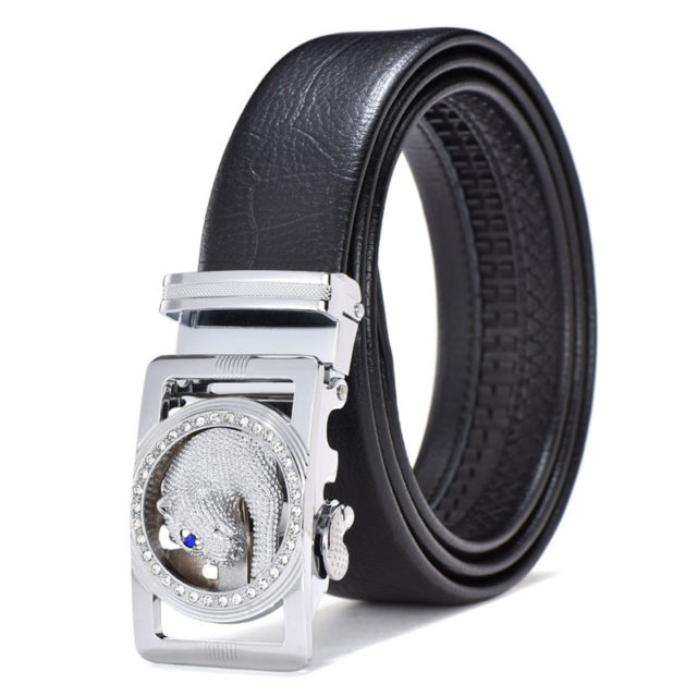 Men's Luxury Leather Belt.  Leopard Or Wolf Buckle