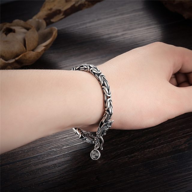 V.YA Real 925 Sterling Silver Dragon Bracelet for Men Male Vintage Heavy Bangles Bracelets Homme Silver Jewelry