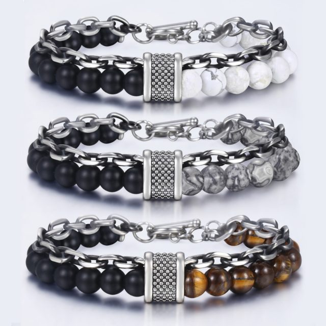 Trendsmax Natural Map Stone Men's Beaded Bracelet for women Stainless Steel Bracelets Male Jewelry Tiger eye 8 9 10 inch DB33