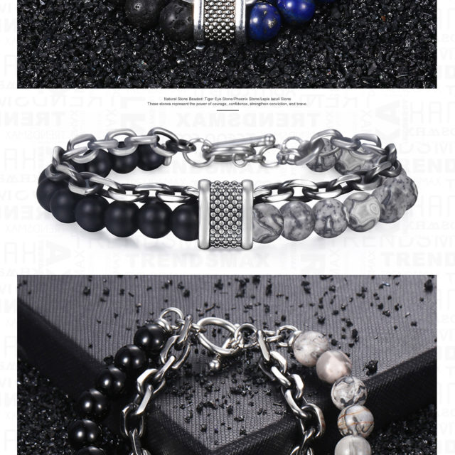 Trendsmax Natural Map Stone Men's Beaded Bracelet for women Stainless Steel Bracelets Male Jewelry Tiger eye 8 9 10 inch DB33