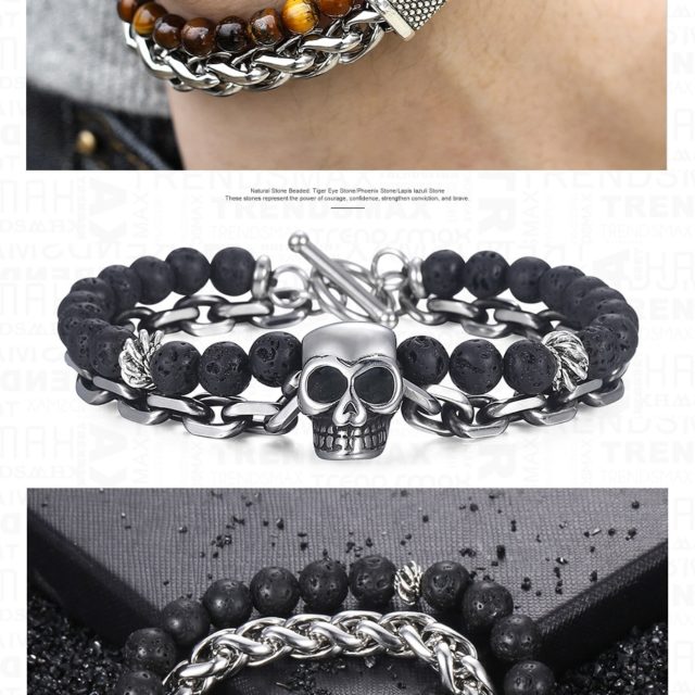Trendsmax Natural Map Stone Men's Beaded Bracelet for women Stainless Steel Bracelets Male Jewelry Tiger eye 8 9 10 inch DB33