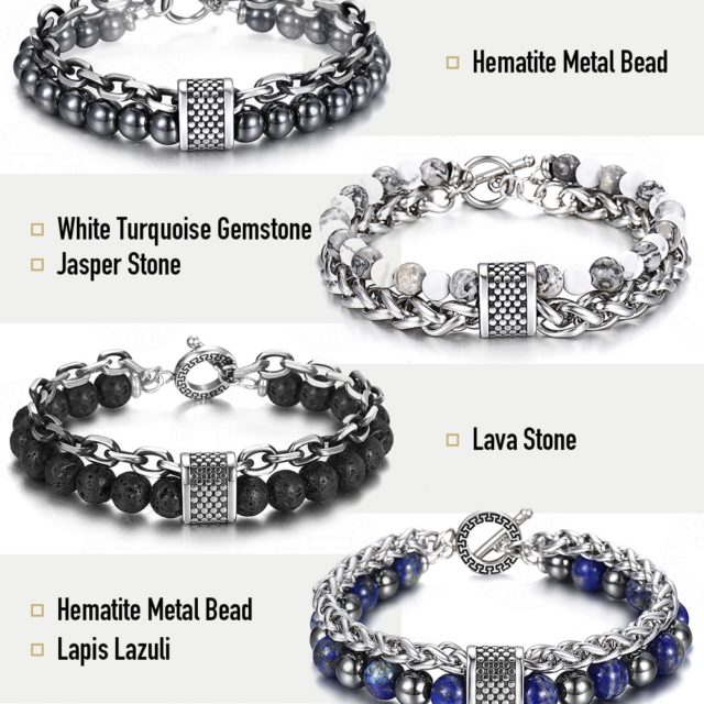 Trendsmax Natural Map Stone Men's Beaded Bracelet for women Stainless Steel Bracelets Male Jewelry Tiger eye 8 9 10 inch DB33