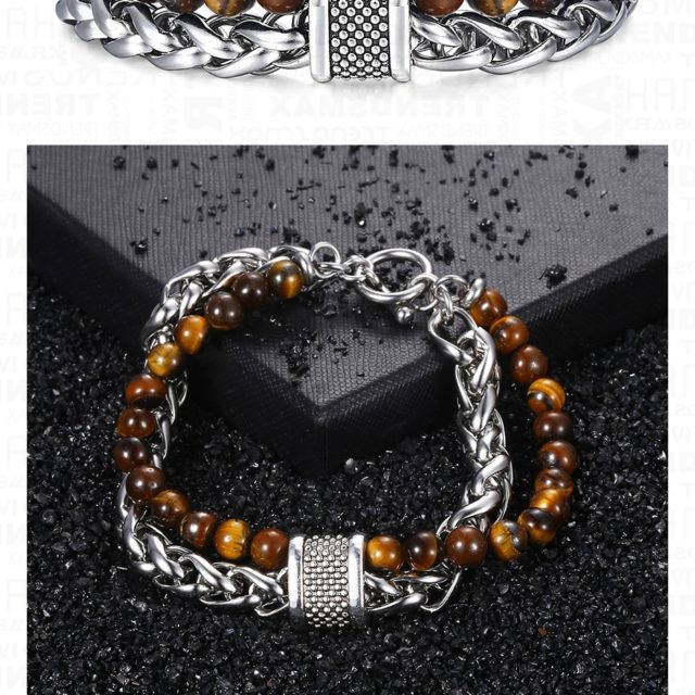Trendsmax Natural Map Stone Men's Beaded Bracelet for women Stainless Steel Bracelets Male Jewelry Tiger eye 8 9 10 inch DB33