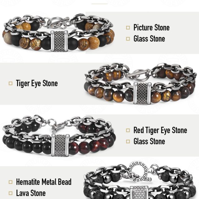Trendsmax Natural Map Stone Men's Beaded Bracelet for women Stainless Steel Bracelets Male Jewelry Tiger eye 8 9 10 inch DB33