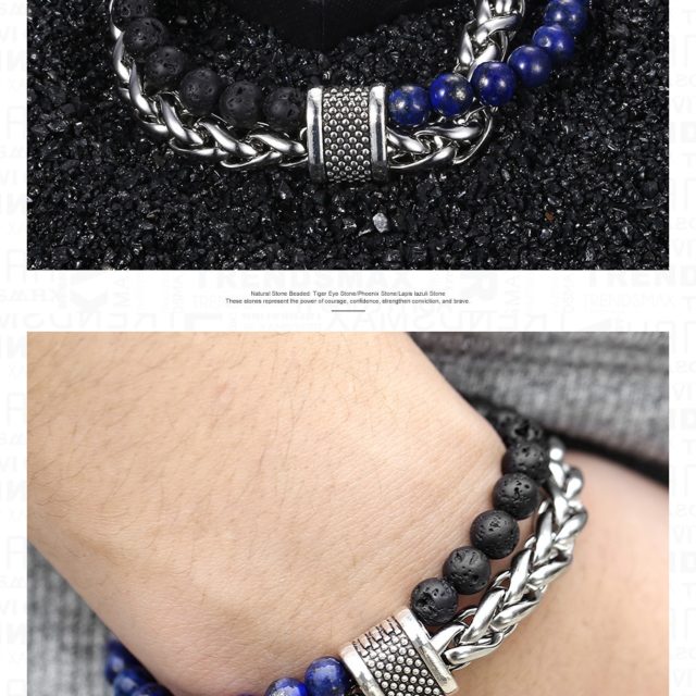 Trendsmax Natural Map Stone Men's Beaded Bracelet for women Stainless Steel Bracelets Male Jewelry Tiger eye 8 9 10 inch DB33