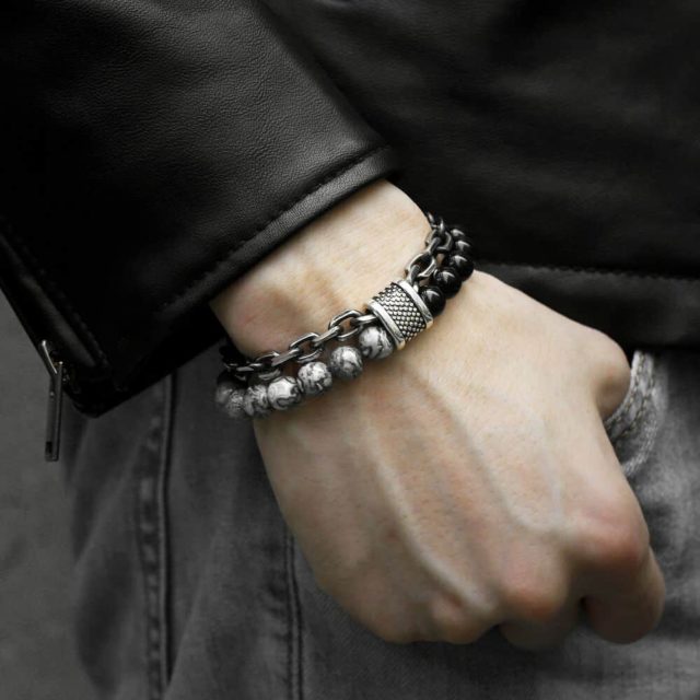Trendsmax Natural Map Stone Men's Beaded Bracelet for women Stainless Steel Bracelets Male Jewelry Tiger eye 8 9 10 inch DB33