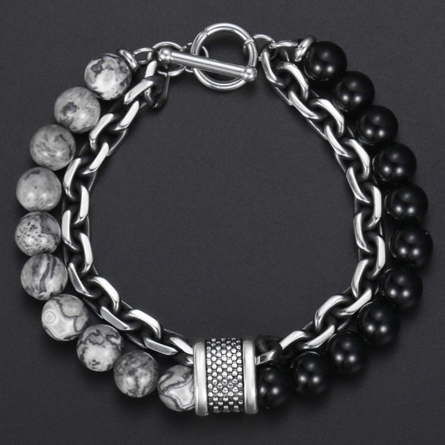 Trendsmax Natural Map Stone Men's Beaded Bracelet for women Stainless Steel Bracelets Male Jewelry Tiger eye 8 9 10 inch DB33