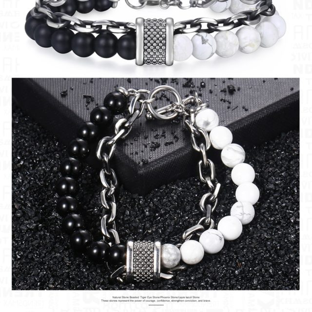 Trendsmax Natural Map Stone Men's Beaded Bracelet for women Stainless Steel Bracelets Male Jewelry Tiger eye 8 9 10 inch DB33