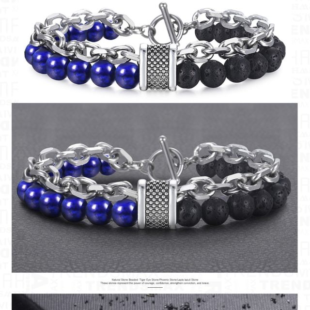 Trendsmax Natural Map Stone Men's Beaded Bracelet for women Stainless Steel Bracelets Male Jewelry Tiger eye 8 9 10 inch DB33