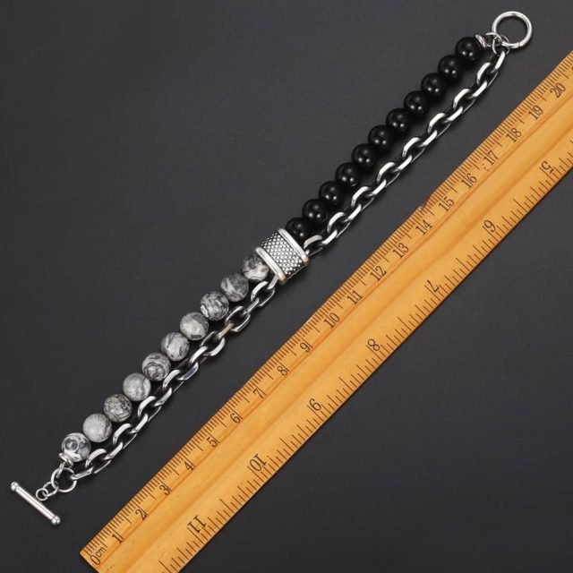 Trendsmax Natural Map Stone Men's Beaded Bracelet for women Stainless Steel Bracelets Male Jewelry Tiger eye 8 9 10 inch DB33
