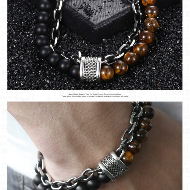 Trendsmax Natural Map Stone Men's Beaded Bracelet for women Stainless Steel Bracelets Male Jewelry Tiger eye 8 9 10 inch DB33