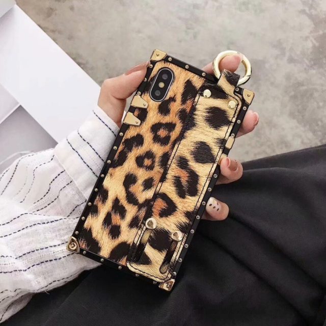 For iPhone XS Max Case Leopard Square Phone Case Cover For iPhone XR Women Wristband Stand For iPhone 7 6 6s 8 plus Case Leopard