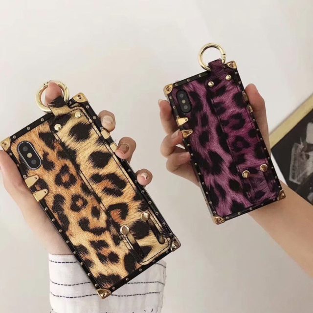 For iPhone XS Max Case Leopard Square Phone Case Cover For iPhone XR Women Wristband Stand For iPhone 7 6 6s 8 plus Case Leopard