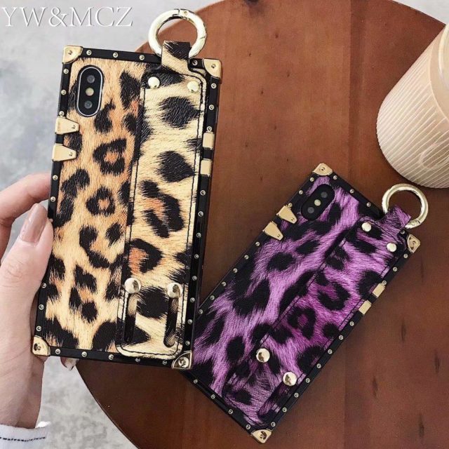 For iPhone XS Max Case Leopard Square Phone Case Cover For iPhone XR Women Wristband Stand For iPhone 7 6 6s 8 plus Case Leopard