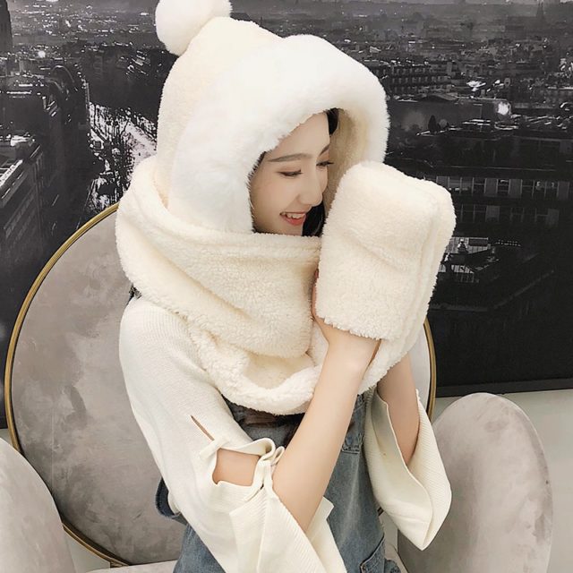 ZDFURS*Autumn and winter hat female plush thick double-layer northeast hat warm cycling neck scarf scarf gloves one gift