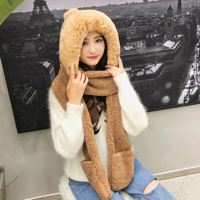 ZDFURS*Autumn and winter hat female plush thick double-layer northeast hat warm cycling neck scarf scarf gloves one gift