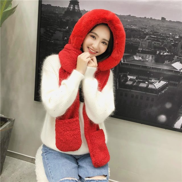 ZDFURS*Autumn and winter hat female plush thick double-layer northeast hat warm cycling neck scarf scarf gloves one gift