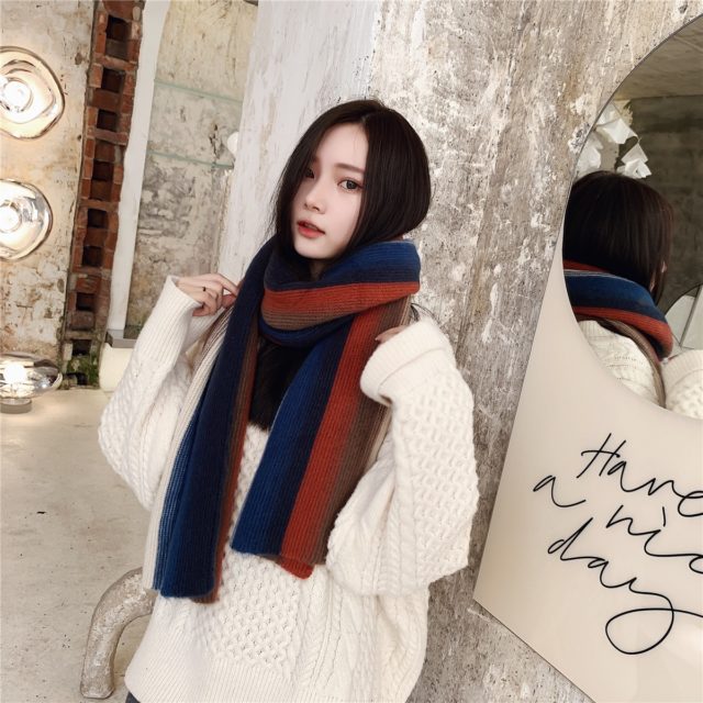 Sparsil Women Winter Fashion Knitted Scarf Colorful Wool Long Scarves For Students Casual Warm Shawls Female Soft Wraps Girls