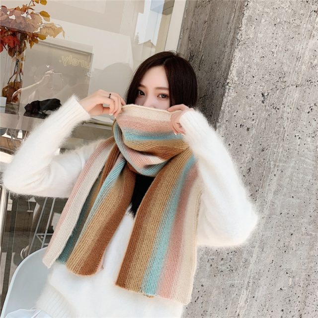 Sparsil Women Winter Fashion Knitted Scarf Colorful Wool Long Scarves For Students Casual Warm Shawls Female Soft Wraps Girls