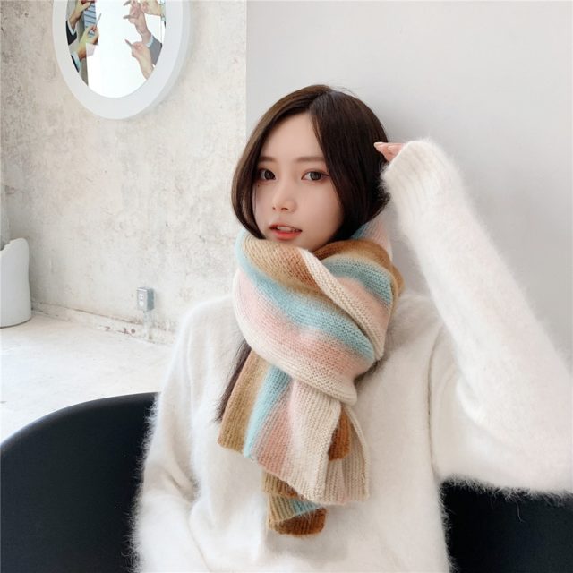 Sparsil Women Winter Fashion Knitted Scarf Colorful Wool Long Scarves For Students Casual Warm Shawls Female Soft Wraps Girls