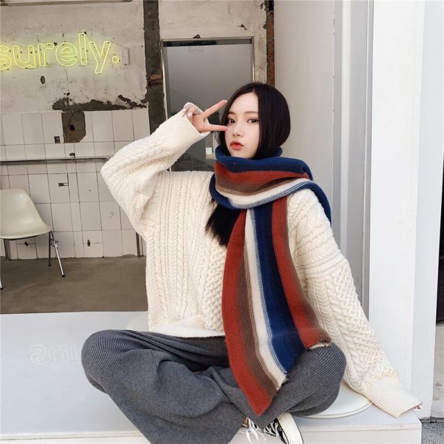 Sparsil Women Winter Fashion Knitted Scarf Colorful Wool Long Scarves For Students Casual Warm Shawls Female Soft Wraps Girls