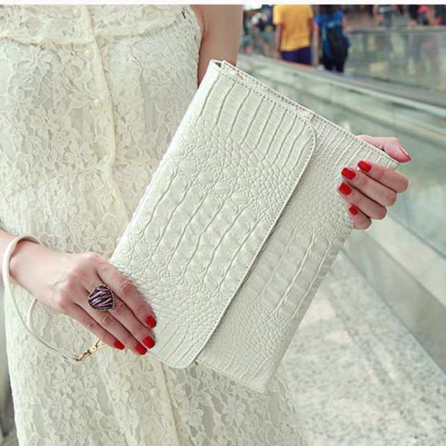Women Envelope Evening Clutch Bags White Crocodile Pattern Lady Genuine Leather Shoulder Bags Crossbody Purses & Handbags A052
