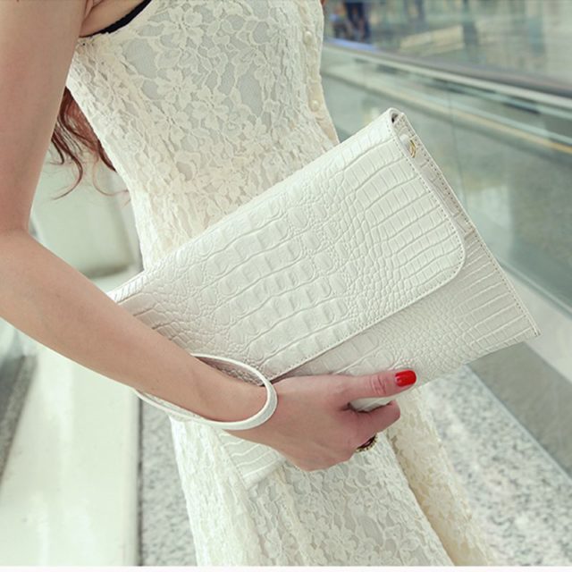 Women Envelope Evening Clutch Bags White Crocodile Pattern Lady Genuine Leather Shoulder Bags Crossbody Purses & Handbags A052