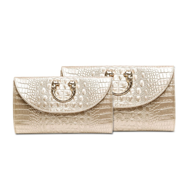 Women's Clutch Bag. Alligator Design. Gold With Two Sizes To Choose From