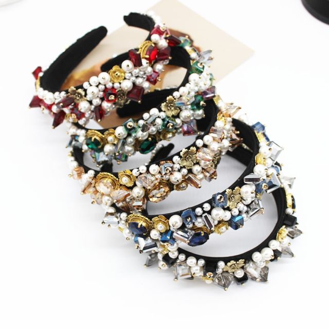 CN Baroque Rhinestone Jeweled Hairband For Women Elegant Velvet Ladies Crystal Pearl Sponge Headbands Girls Hair Accessories