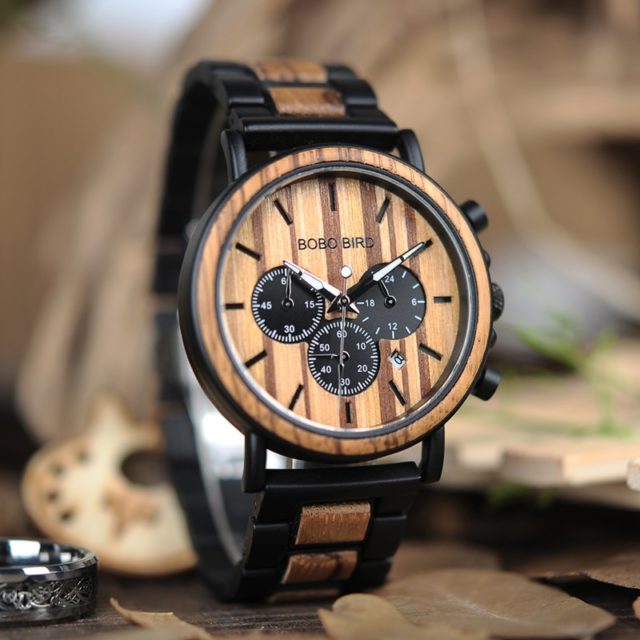 BOBO BIRD Chronograph Men Watch Wooden Brand Luxury Metal Clock montre design homme